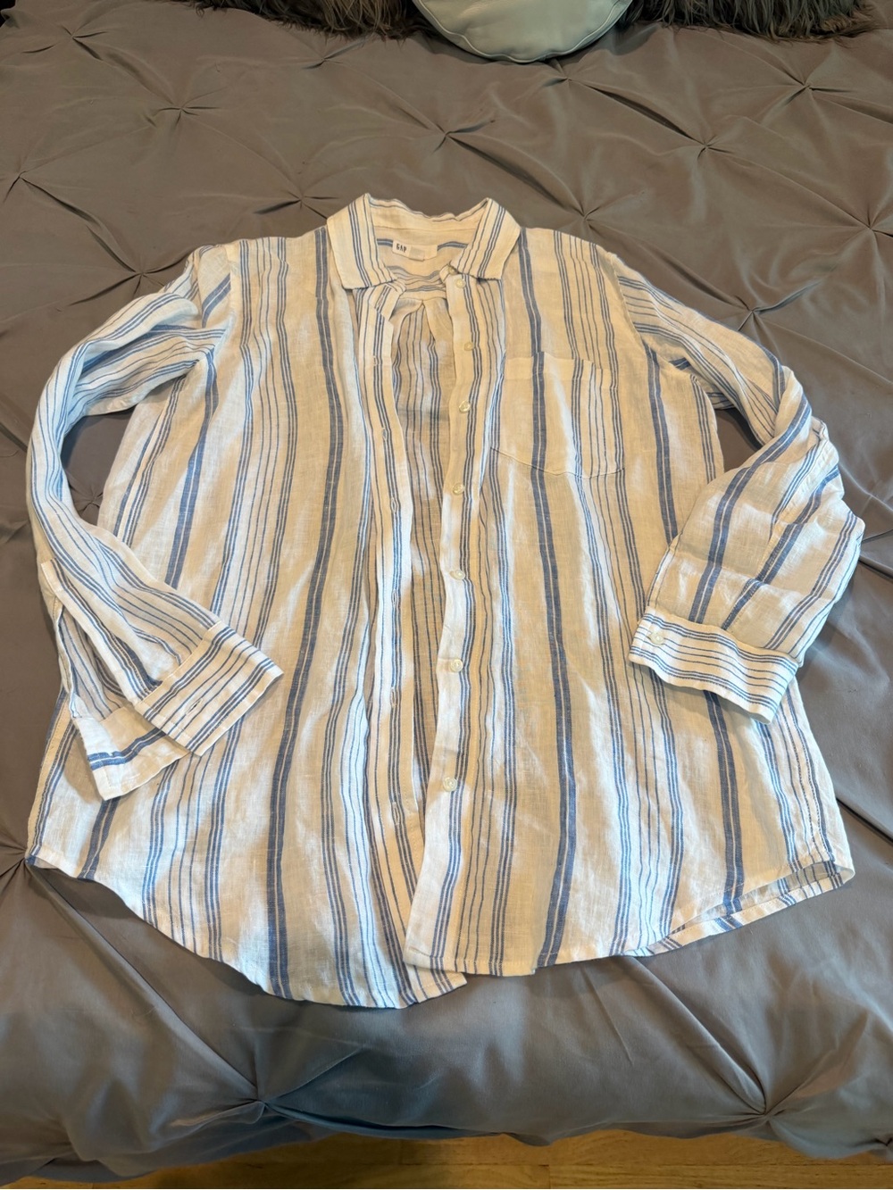GAP Women’s Cream and Blue Striped Button-Down Shirt